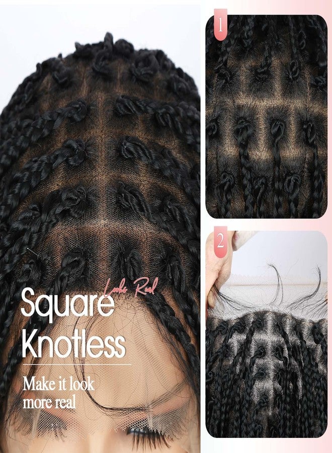 Fancy Hair Braided Wig Square Knotless Boho Box Braided Wigs with Curly Ends Full Double Lace Glueless Braids Wig with Baby Hair Synthetic Black Braided Wig for Black Women - Image 4